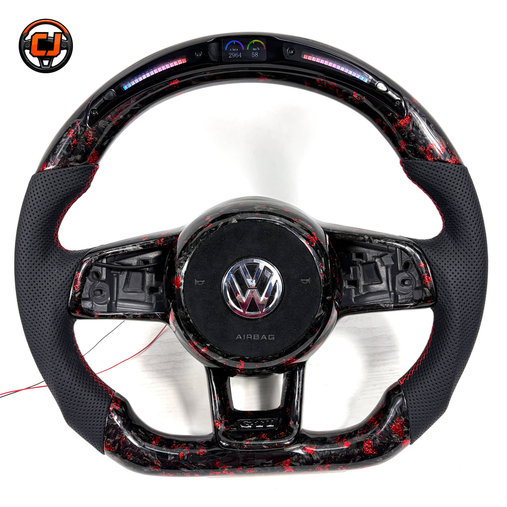 Red forged carbon LED wheel with round airbag cover for MK7 GTI Golf 6 7 7 5 R R Line CC Polo Passat B8 CJ Mod Garage