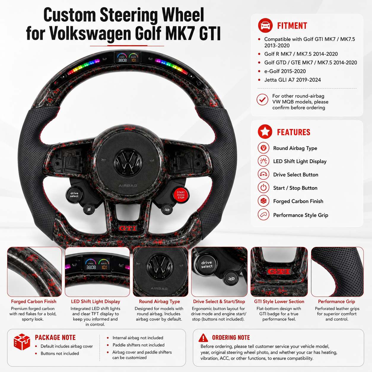 Feature overview board for a red forged carbon LED steering wheel with fitment details for MK7 GTI Golf 6 7 7 5 R R Line CC Polo Passat B8 CJ Mod Garage