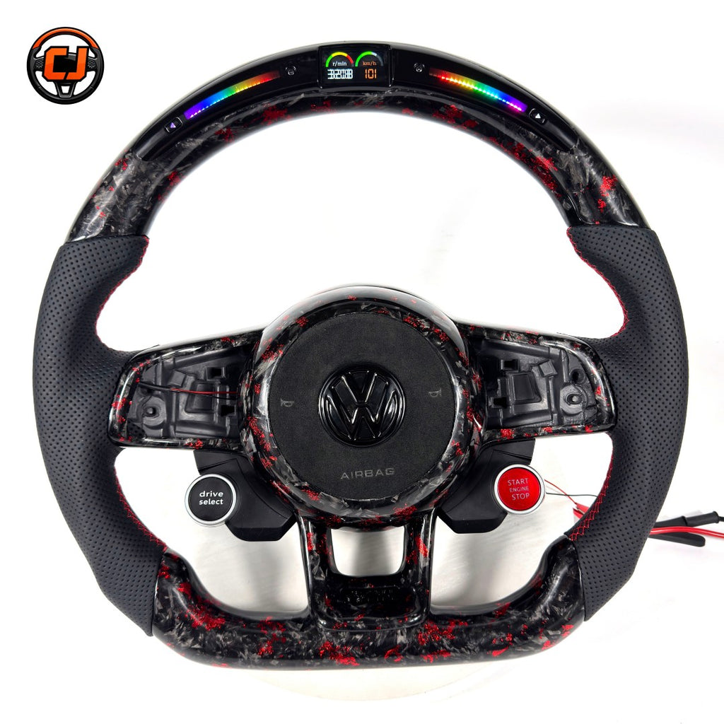 White background product photo of a red forged carbon steering wheel with airbag cover for MK7 GTI Golf 6 7 7 5 R R Line CC Polo Passat B8 CJ Mod Garage