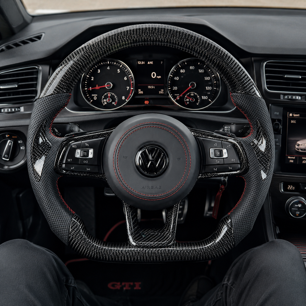 Custom carbon fiber steering wheel installed in MK7 GTI cockpit featuring perforated leather grips red stitching fit for Golf 6 7 7.5 R R Line CC Polo Passat B8 by CJ Mod Garage