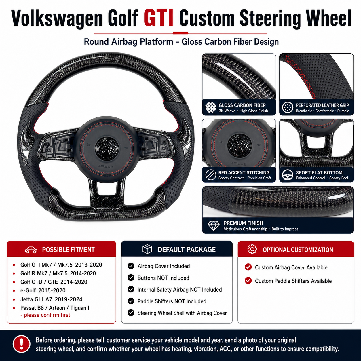 MK7 GTI custom steering wheel detail chart showing gloss carbon fiber flat bottom design and leather grip upgrade for Golf 6 7 7.5 R R Line CC Polo Passat B8 CJ Mod Garage