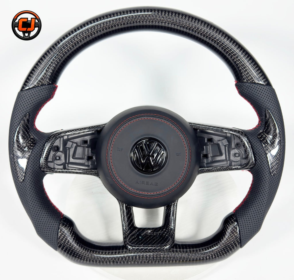 Gloss carbon fiber flat bottom steering wheel with perforated leather and red stitching for MK7 GTI Golf 6 7 7.5 R R Line CC Polo Passat B8 handcrafted by CJ Mod Garage