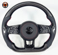 Gloss carbon fiber flat bottom steering wheel with perforated leather and red stitching for MK7 GTI Golf 6 7 7.5 R R Line CC Polo Passat B8 handcrafted by CJ Mod Garage