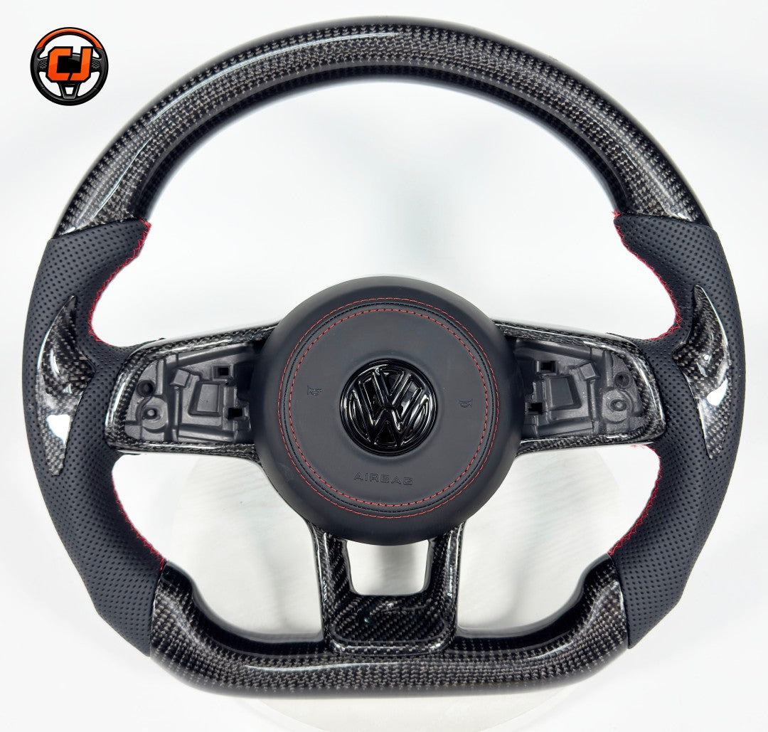 Gloss carbon fiber flat bottom steering wheel with perforated leather and red stitching for MK7 GTI Golf 6 7 7.5 R R Line CC Polo Passat B8 handcrafted by CJ Mod Garage