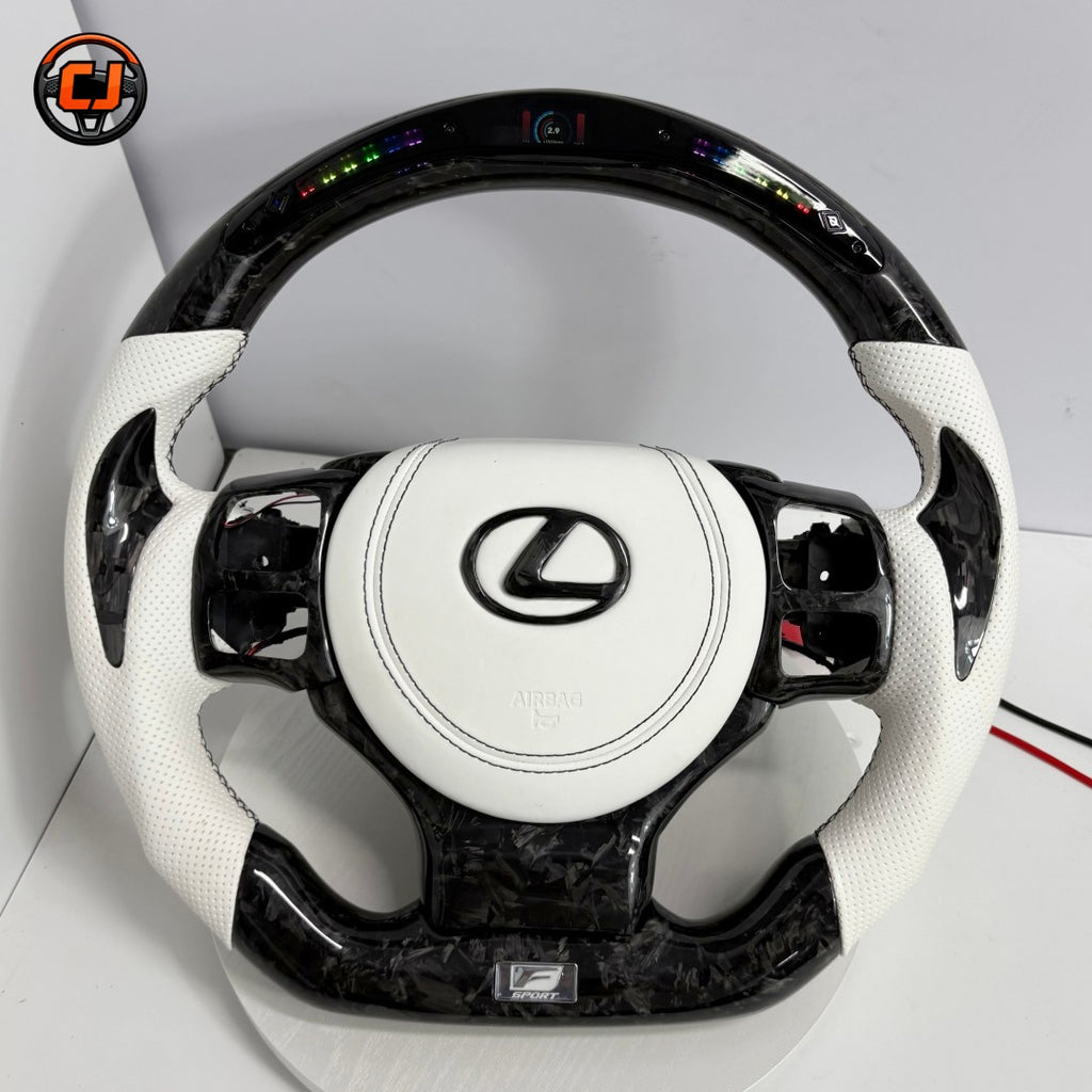 Custom Lexus Steering Wheel With Integrated LED Screen White Perforated Leather And Forged Carbon Finish For Lexus IS 2014 2020 RC 2015 2020 GS 2013 2020 NX 2015 2021 CT 2014 2022 CJ Mod Garage