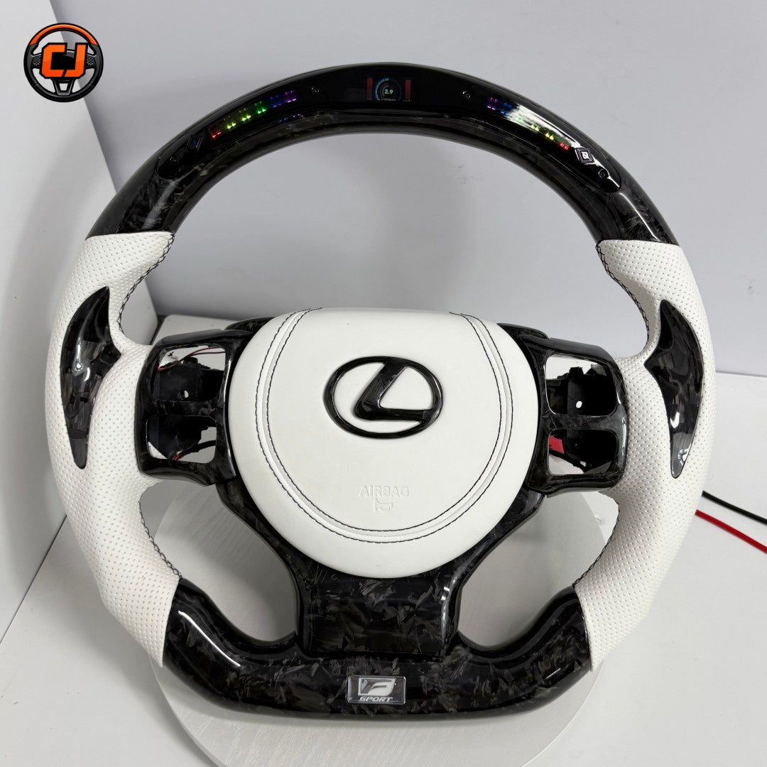 Custom Lexus Steering Wheel With Integrated LED Screen White Perforated Leather And Forged Carbon Finish For Lexus IS 2014 2020 RC 2015 2020 GS 2013 2020 NX 2015 2021 CT 2014 2022 CJ Mod Garage