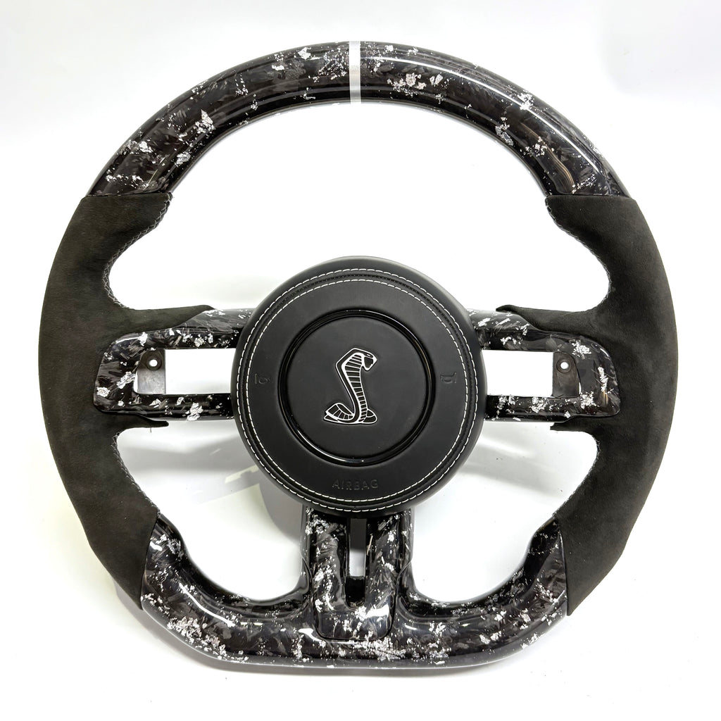 FOR Ford Mustang S550/GT 2015-2023 Carbon Fiber Steering Wheel - Silver Forged Carbon Fiber & Black Alcantara & Shelby Airbag Cover - CJ Mod Garage &