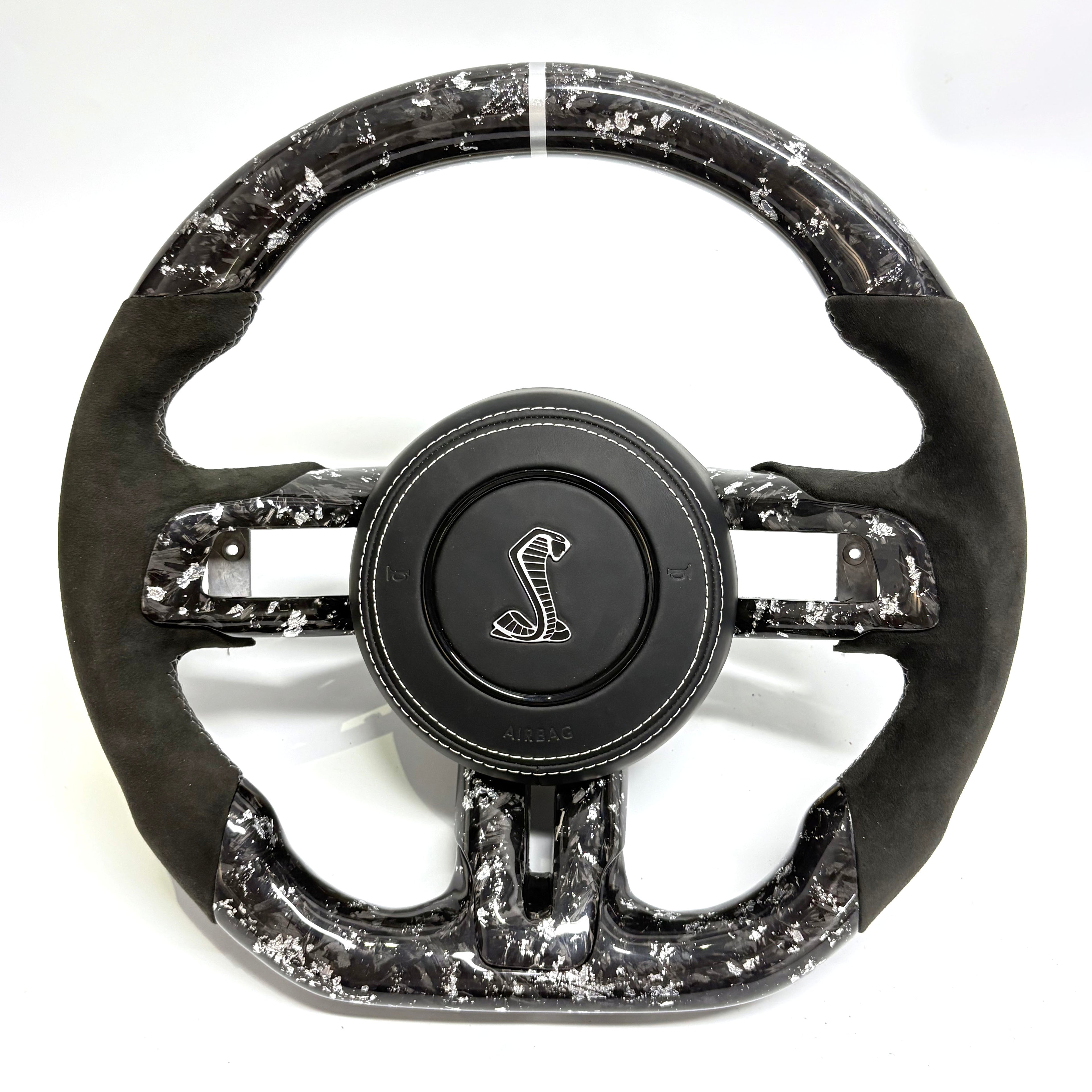 FOR Ford Mustang S550/GT 2015-2023 Carbon Fiber Steering Wheel - Silver Forged Carbon Fiber & Black Alcantara & Shelby Airbag Cover - CJ Mod Garage &