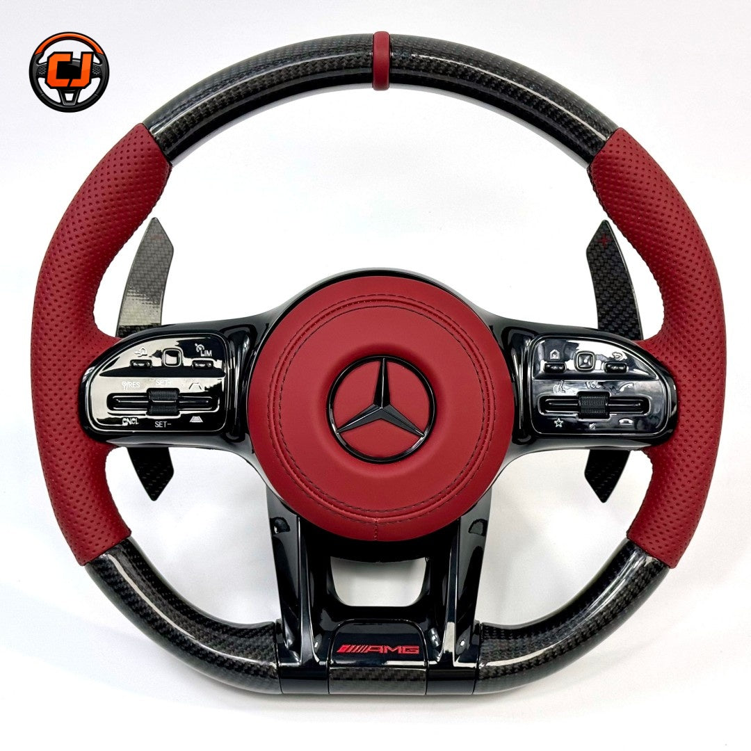 Mercedes AMG carbon fiber steering wheel with red leather airbag cover and multifunction controls for W117 W204 W205 C43 C63 by CJ Mod Garage