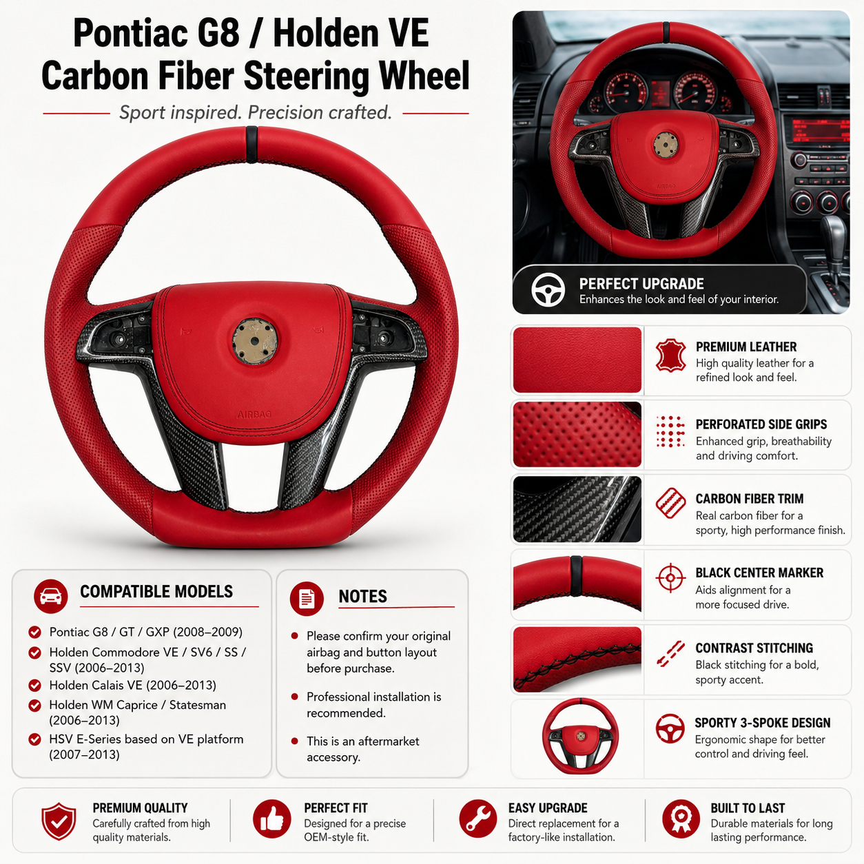 FOR Holden VE/Pontiac G8 Steering Wheel - Red Full Leather & Black Carbon Fiber - CJ Mod Garage & Product Details Image