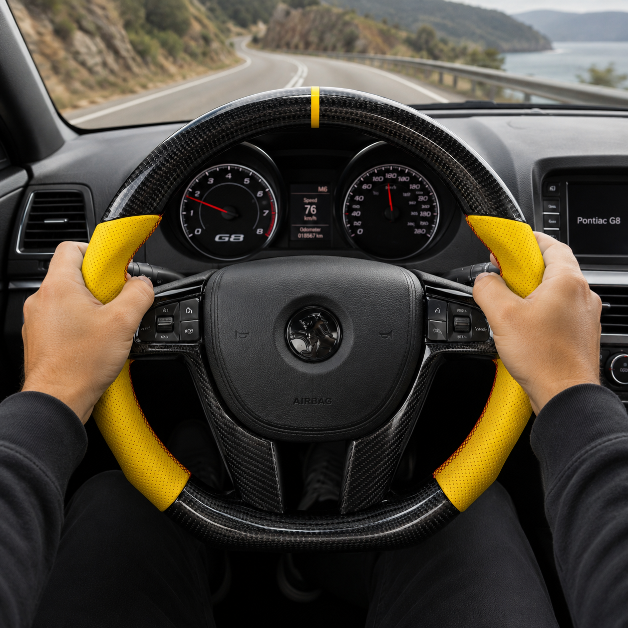 FOR Holden Commodore VE/Pontiac G8 Steering Wheel - Black Carbon Fiber & Yellow Perforated Leather - CJ Mod Garage & Driving Scene Images