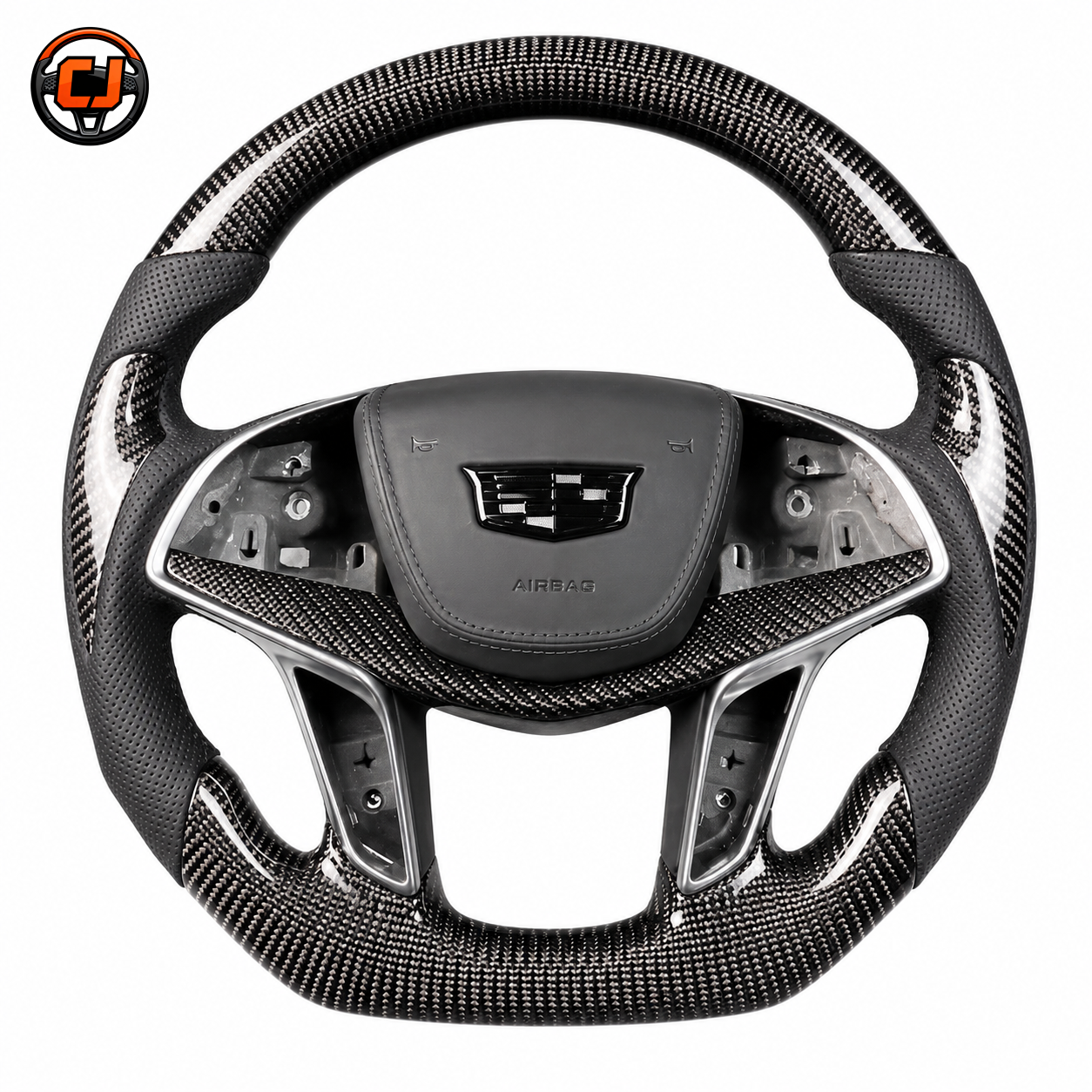 Cadillac XT5 CT6 carbon fiber flat-bottom steering wheel with airbag cover and trim openings by CJ Mod Garage