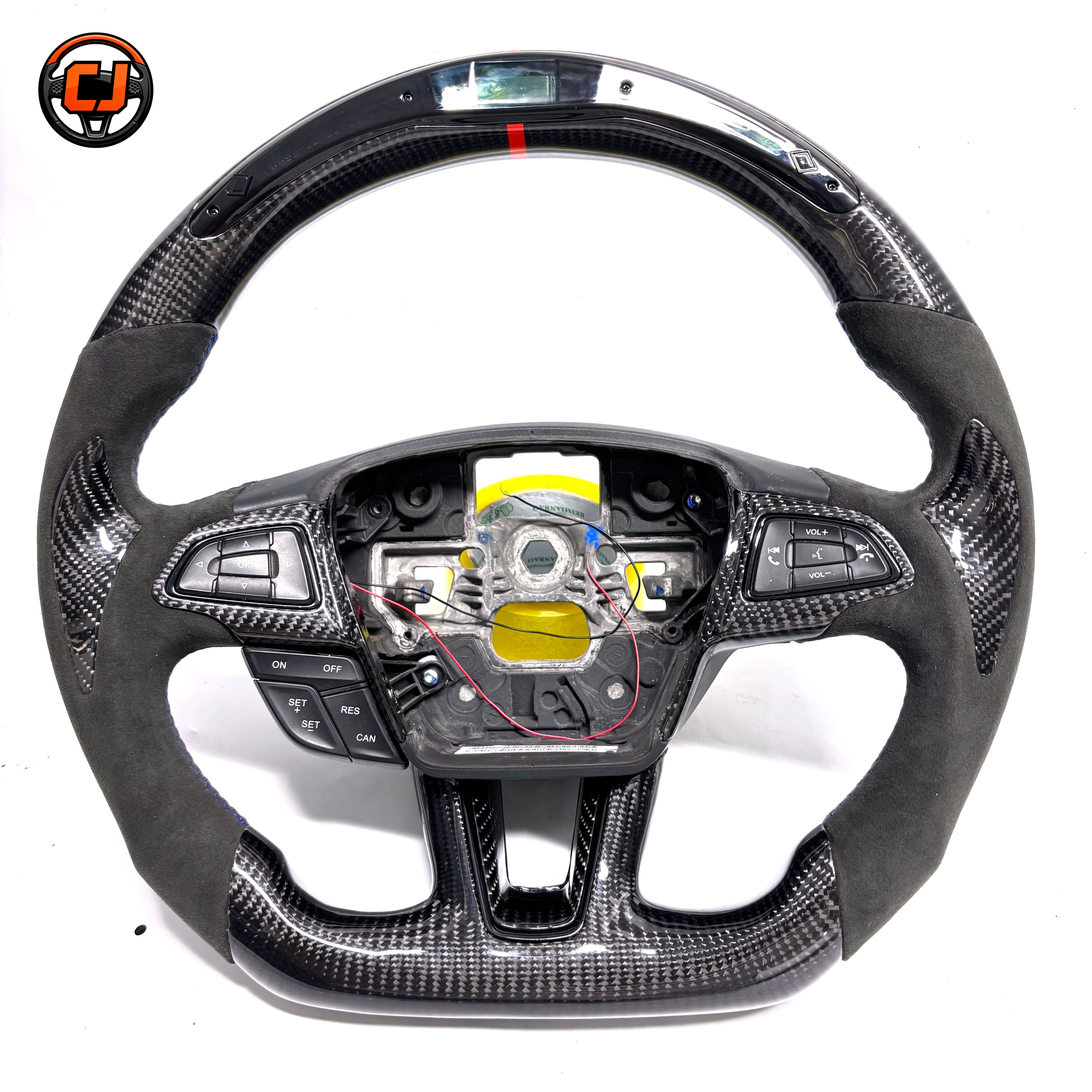 Ford Focus custom carbon fiber LED steering wheel with Alcantara grips and OEM button areas by CJ Mod Garage