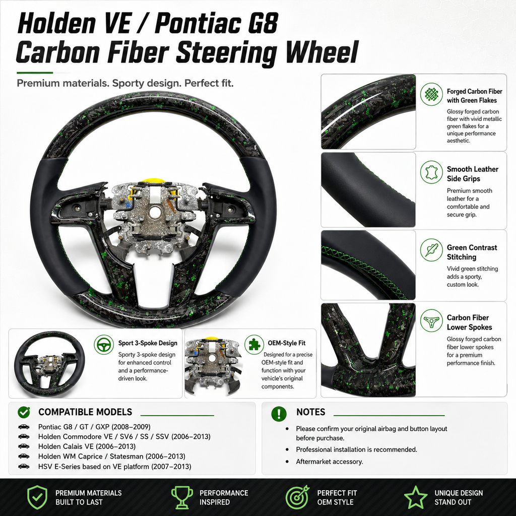 FOR Holden VE/Pontiac G8 Steering Wheel - Green Forged Carbon Fiber & Black Smooth Leather - CJ Mod Garage&Product Details Image