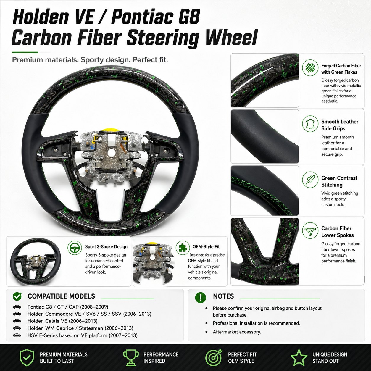 FOR Holden VE/Pontiac G8 Steering Wheel - Green Forged Carbon Fiber & Black Smooth Leather - CJ Mod Garage&Product Details Image