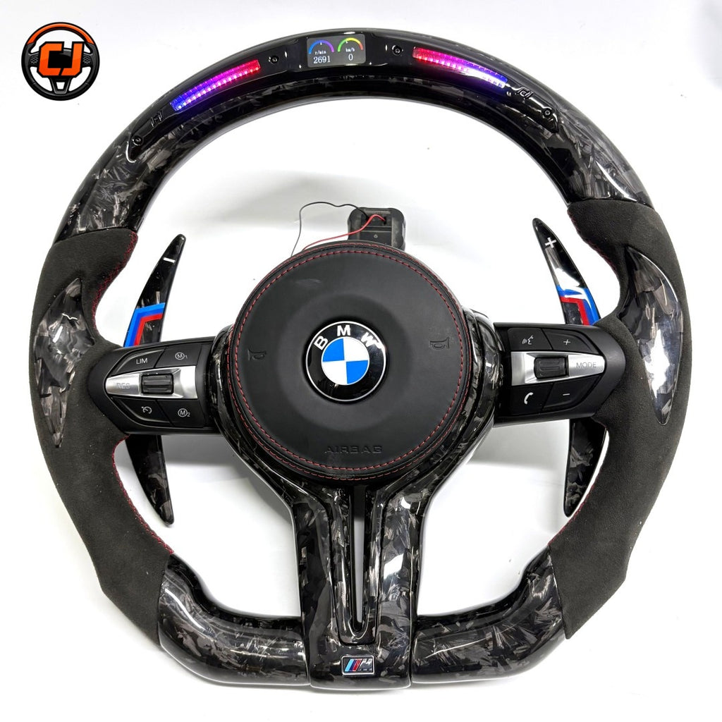 BMW F30 F32 F80 forged carbon fiber steering wheel with integrated LED shift lights and Alcantara side grips