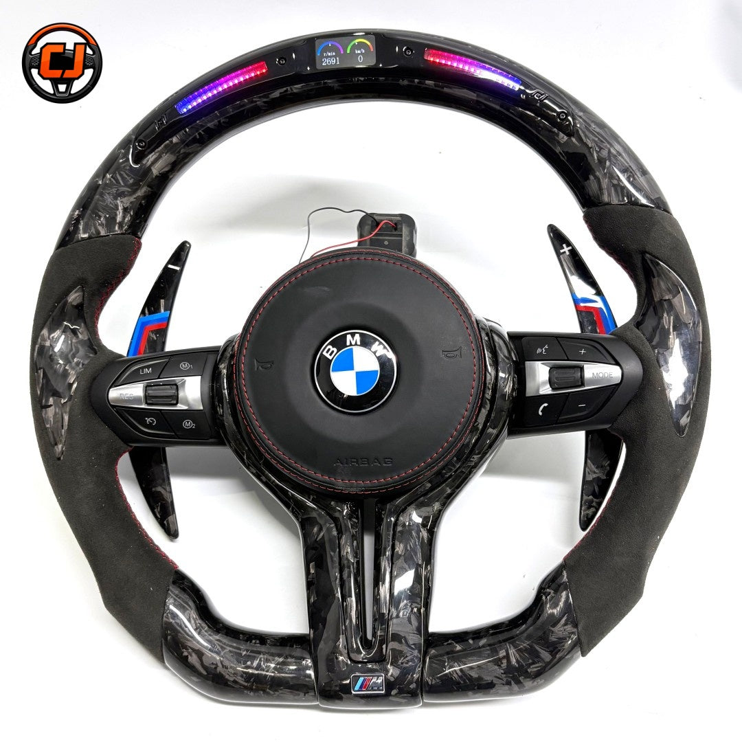 BMW F30 F32 F80 forged carbon fiber steering wheel with integrated LED shift lights and Alcantara side grips