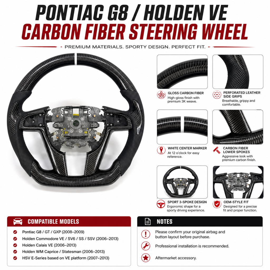 FOR Holden VE/Pontiac G8 Steering Wheel - Black Carbon Fiber & Black Perforated Leather - CJ Mod Garage&Product Details Image