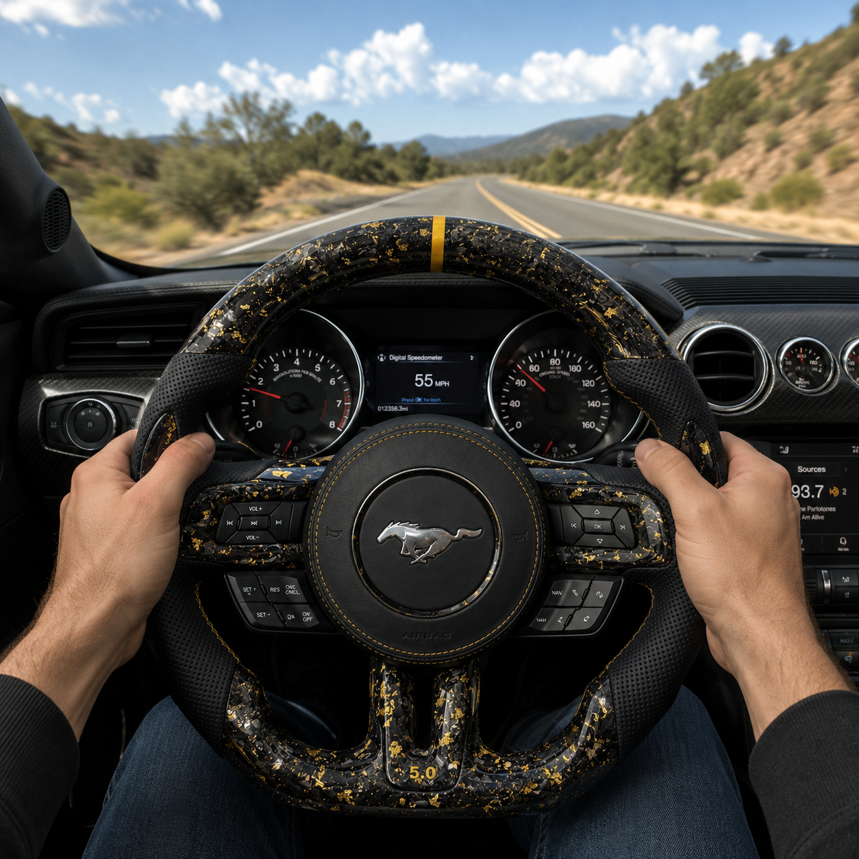 FOR Ford Mustang S550/GT 2015-2023 Carbon Fiber Steering Wheel - Gold Forged Carbon Fiber & Black Perforated Leather & Airbag Cover - CJ Mod Garage & Driving Scene Images