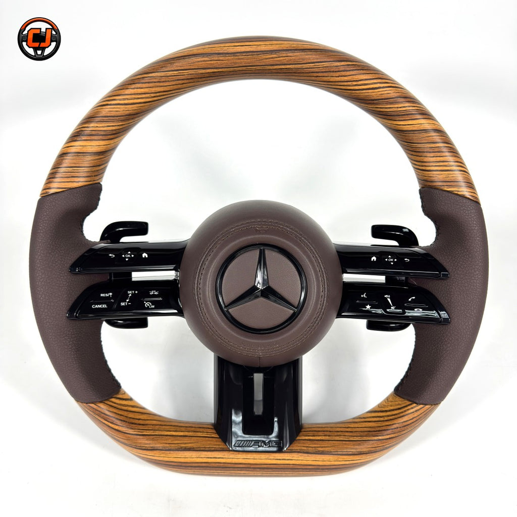 Mercedes W205 C-Class 2015-2021 wood grain Dragonfly steering wheel with brown leather by CJ Mod Garage