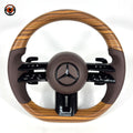 Mercedes W205 C-Class 2015-2021 wood grain Dragonfly steering wheel with brown leather by CJ Mod Garage