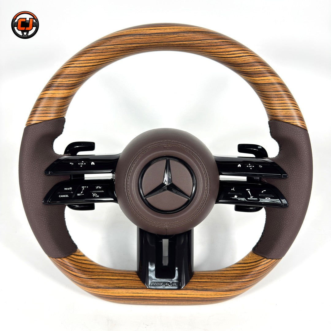 Mercedes W205 C-Class 2015-2021 wood grain Dragonfly steering wheel with brown leather by CJ Mod Garage