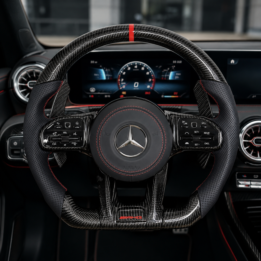 Mercedes AMG carbon fiber steering wheel with black perforated leather and red center stripe for W117 W176 W177 W204 W205 C43 C63 by CJ Mod Garage