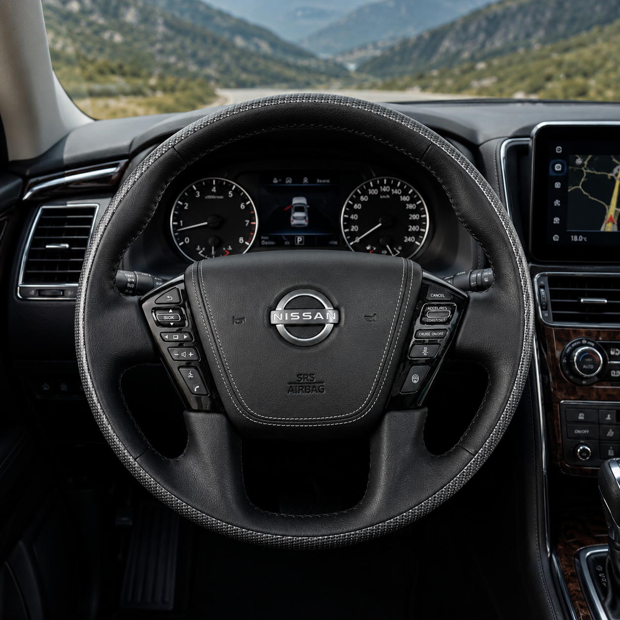 Nissan Patrol Y62 custom carbon fiber steering wheel with genuine leather wrap OEM multifunction controls and premium handcrafted finish by CJ Mod Garage