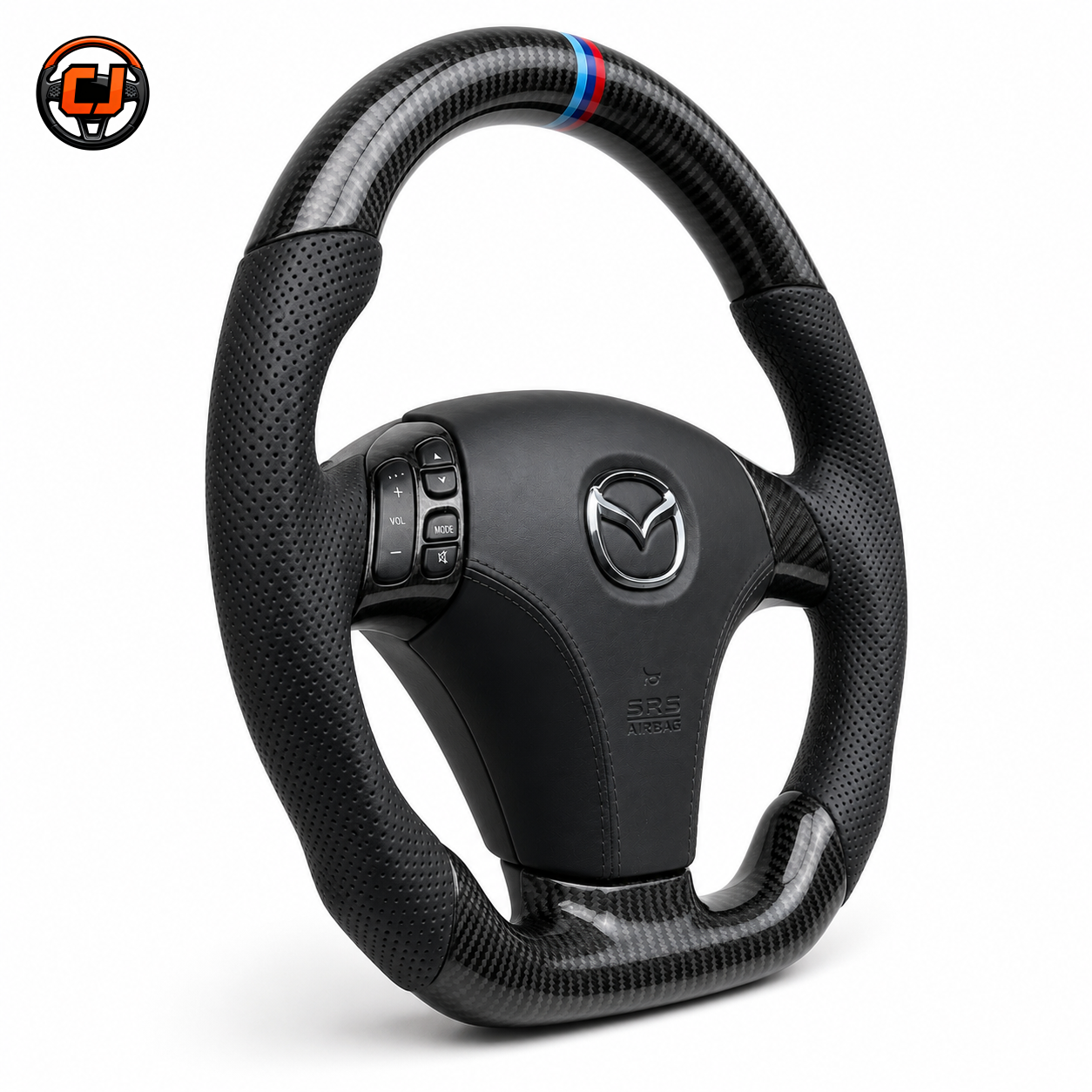 Custom Mazda carbon fiber steering wheel with blue red center stripe black perforated leather grips and flat bottom design