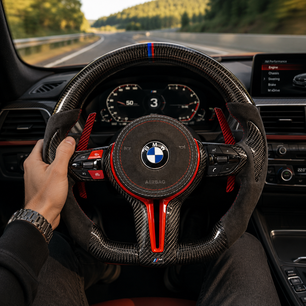 BMW F30 F32 F80 carbon fiber performance steering wheel installed in vehicle interior with Alcantara grips and red carbon paddle shifters