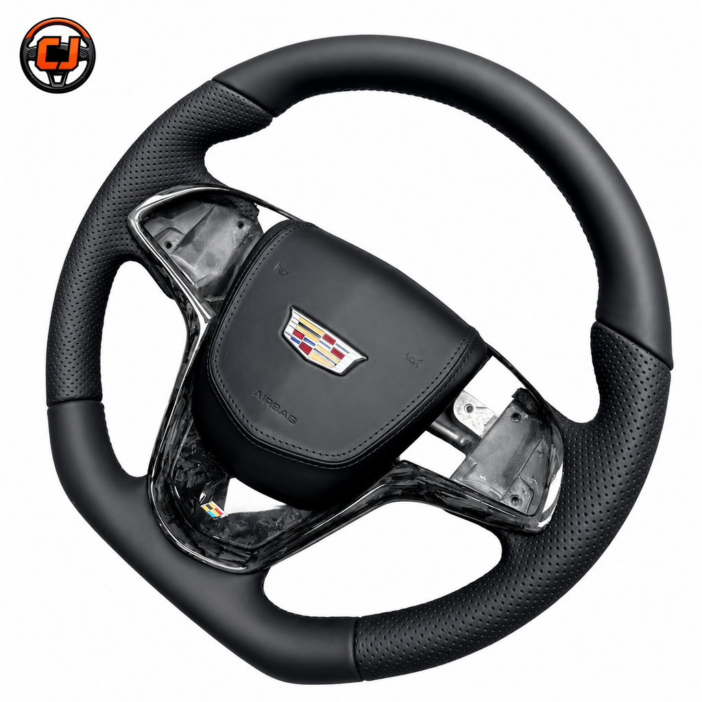 Cadillac ATS smooth leather perforated leather steering wheel with gloss black trim by CJ Mod Garage