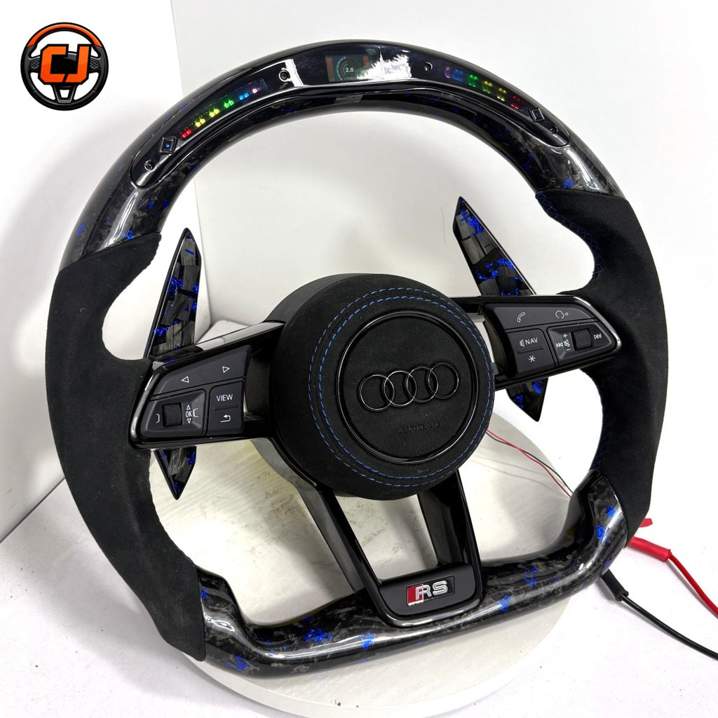 Audi R8 style custom steering wheel with blue forged carbon fiber LED shift display black Alcantara grips blue stitching multifunction controls and paddle shifters for Audi A1 A3 A4 A5 A6 A7 C6 C7 S3 S4 S5 S7 Q3 Q5 Q7 SQ5 RS RS3 RS5 RS6 B8 B9 8P 8V R8 TT