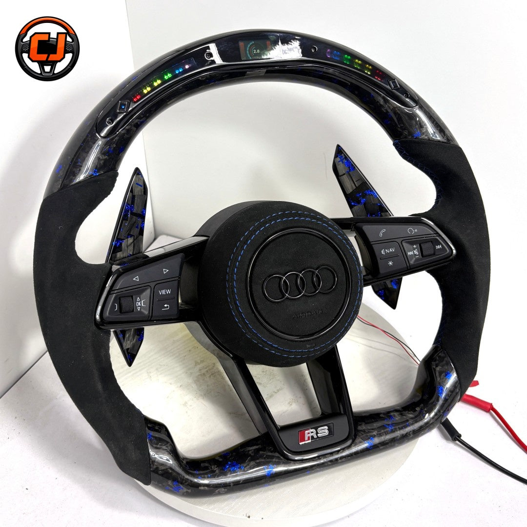 Audi R8 style custom steering wheel with blue forged carbon fiber LED shift display black Alcantara grips blue stitching multifunction controls and paddle shifters for Audi A1 A3 A4 A5 A6 A7 C6 C7 S3 S4 S5 S7 Q3 Q5 Q7 SQ5 RS RS3 RS5 RS6 B8 B9 8P 8V R8 TT