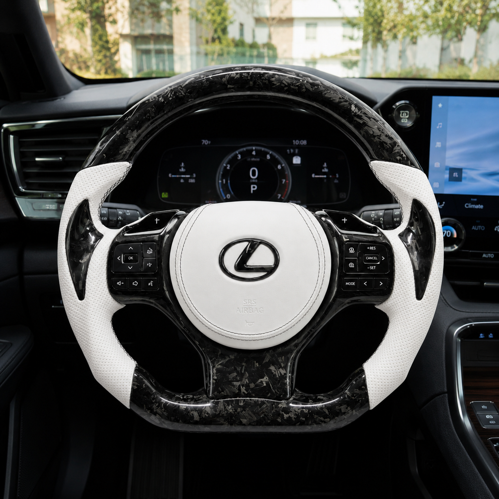Custom Lexus F Sport Steering Wheel With White Perforated Leather And Forged Carbon Pattern Installed In Cabin For Lexus IS 2014 2020 RC 2015 2020 GS 2013 2020 NX 2015 2021 CT 2014 2022 CJ Mod Garage