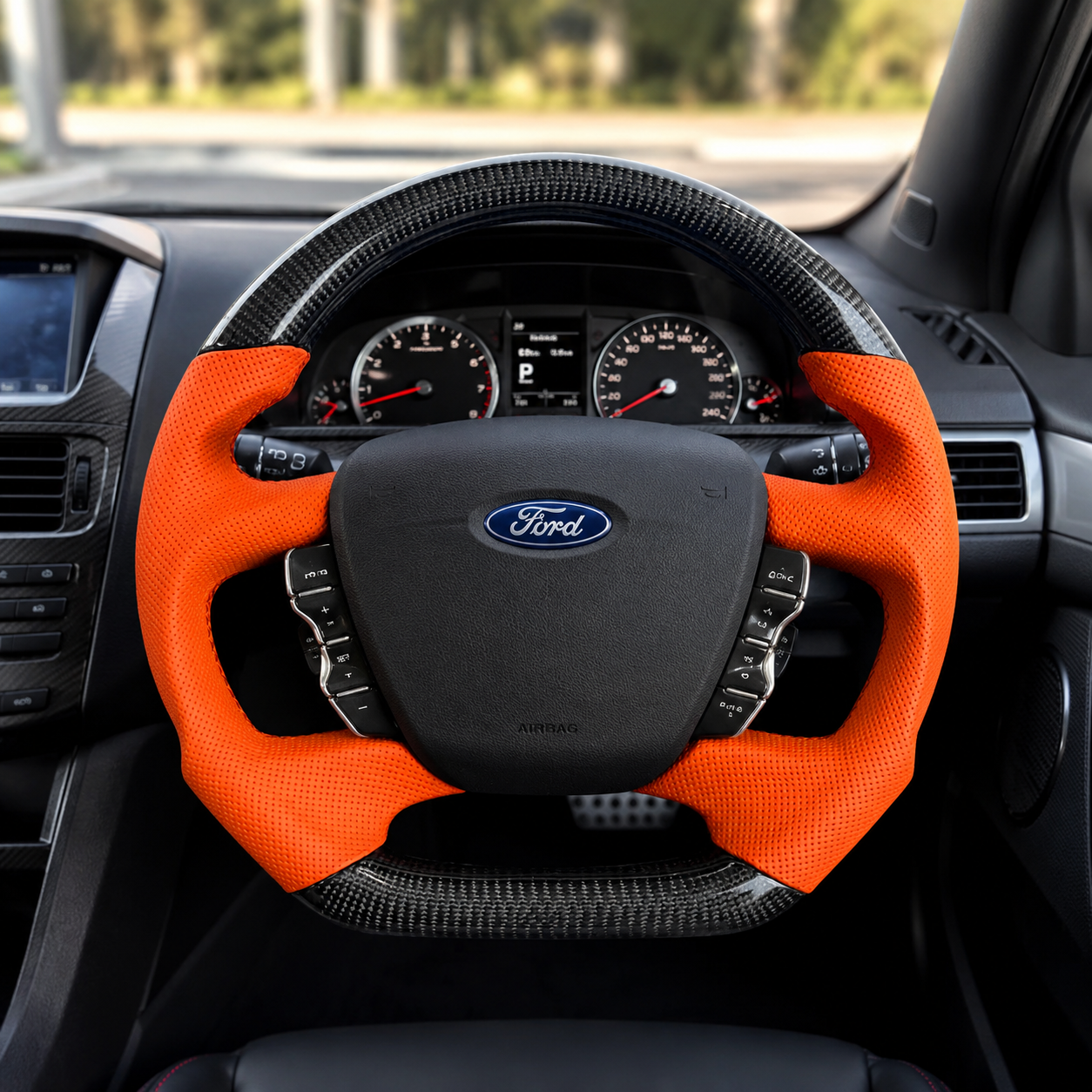 2008-2016 Ford Falcon FG FG X custom steering wheel with carbon fiber and orange perforated leather by CJ Mod Garage