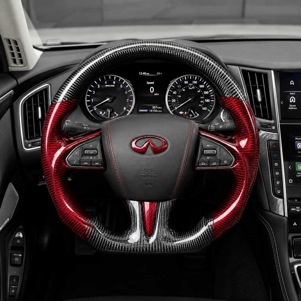 Infiniti Q50 Q60 custom red and black carbon fiber steering wheel installed in cockpit with premium airbag cover and performance inspired styling by CJ Mod Garage