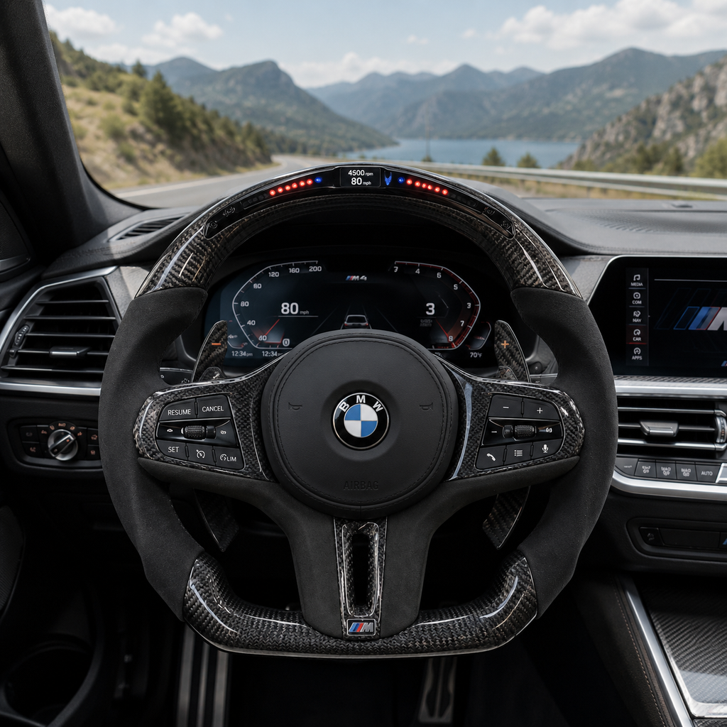 CJ Mod Garage custom BMW LED steering wheel with gloss carbon fiber, integrated LED shift lights, black Alcantara grips, and M-style performance design installed in BMW cockpit compatible with BMW G02 G05 G06 G09 G11 G12 G15 G20 G22 G28 G29 G30 G38 G80 G82 F40 F90