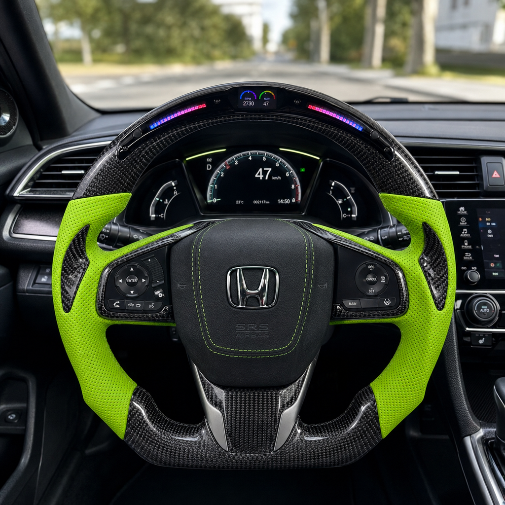 Honda Civic FK7 FK8 custom carbon fiber steering wheel with lime green perforated leather grips and LED shift light display by CJ Mod Garage