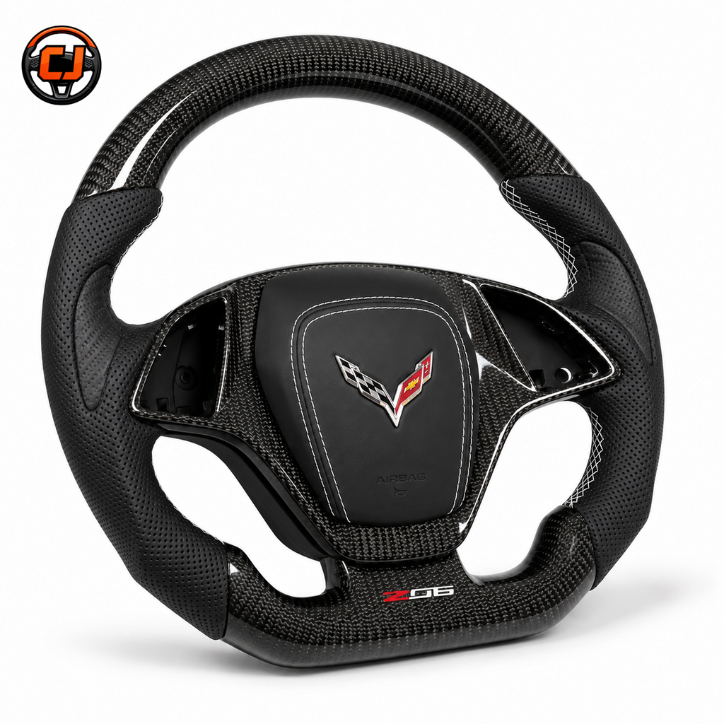 Chevrolet Corvette C7 custom carbon fiber steering wheel with black perforated leather grips white stitching and Z06 lower badge