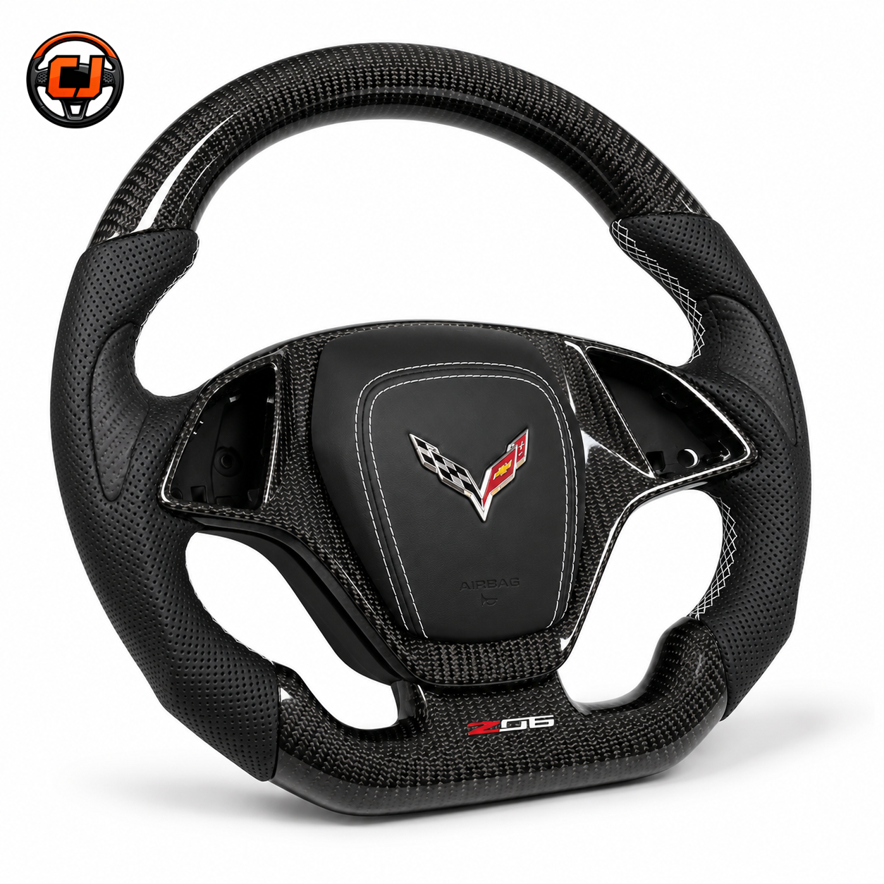 Chevrolet Corvette C7 custom carbon fiber steering wheel with black perforated leather grips white stitching and Z06 lower badge