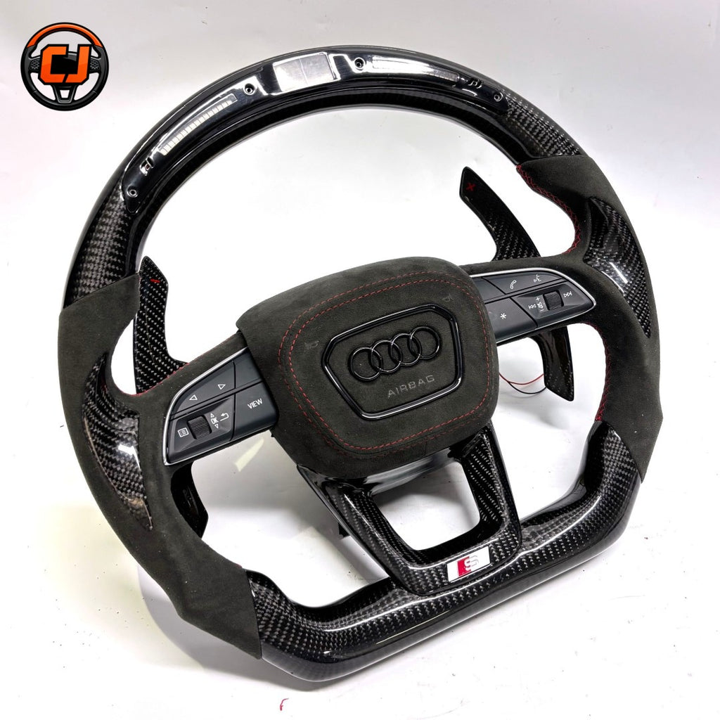 Audi carbon fiber LED flat bottom steering wheel with black Alcantara red stitching S badge and paddle shifters for A3 A4 A4L A6 A6L A7 S5 Q3 Q5 Q5L Q7 Q8