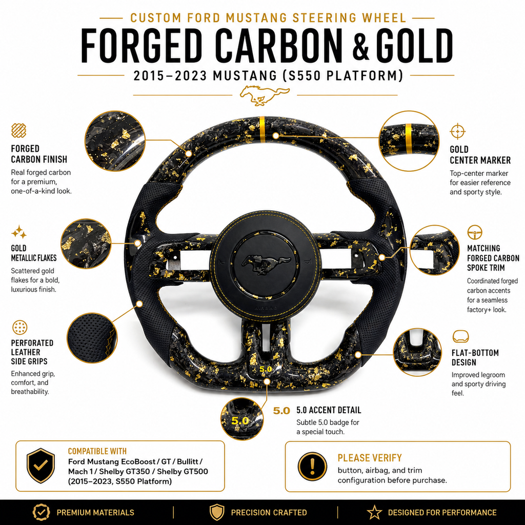 FOR Ford Mustang S550/GT 2015-2023 Carbon Fiber Steering Wheel - Gold Forged Carbon Fiber & Black Perforated Leather & Airbag Cover - CJ Mod Garage & Product Details Image