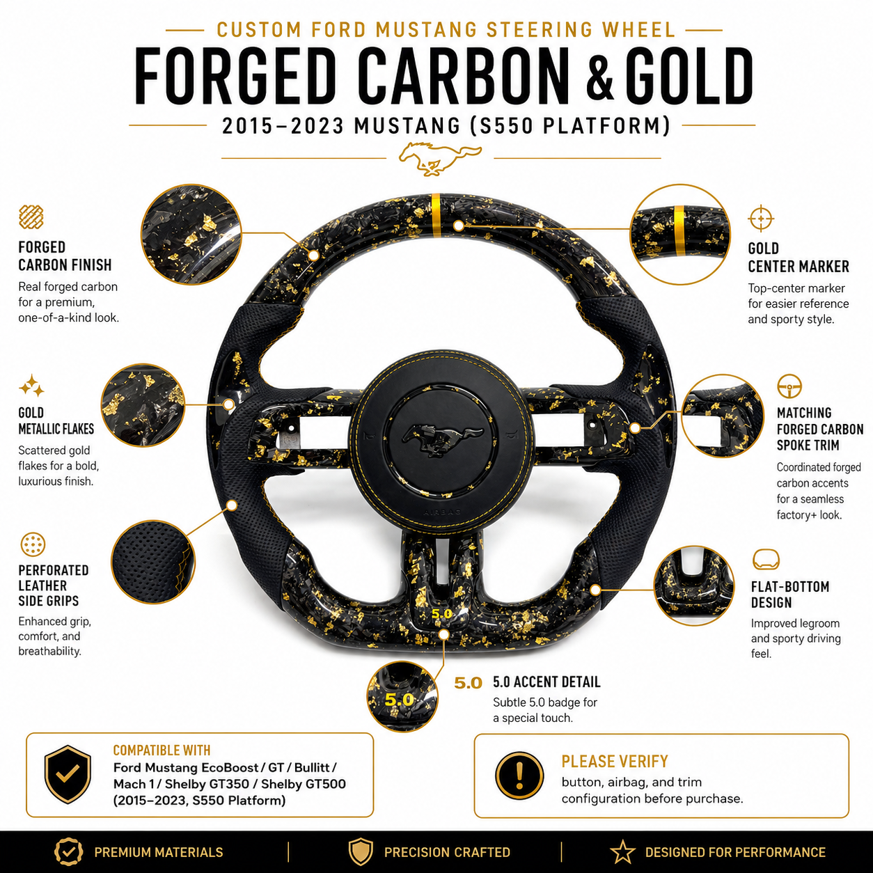 FOR Ford Mustang S550/GT 2015-2023 Carbon Fiber Steering Wheel - Gold Forged Carbon Fiber & Black Perforated Leather & Airbag Cover - CJ Mod Garage & Product Details Image