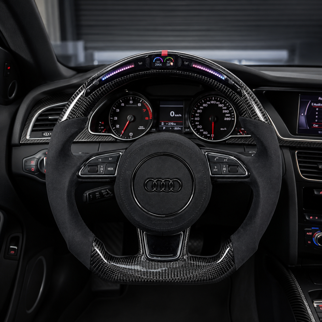 Audi B8 carbon fiber Alcantara LED steering wheel installed in Audi A4 B8.5 interior - driver perspective with LED bar active