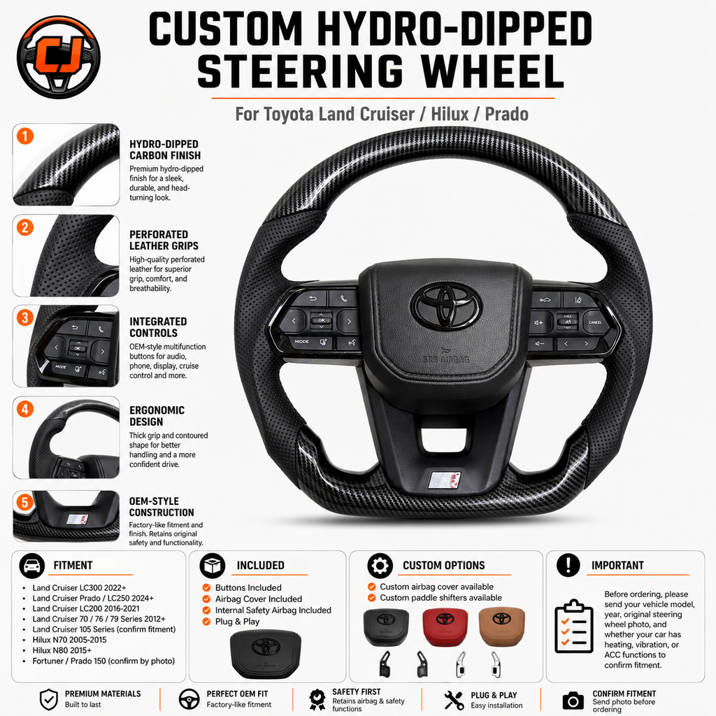 Toyota Land Cruiser LC300, Prado and Hilux hydro-dipped carbon finish steering wheel featuring perforated leather, OEM buttons and ergonomic sport design by CJ Mod Garage