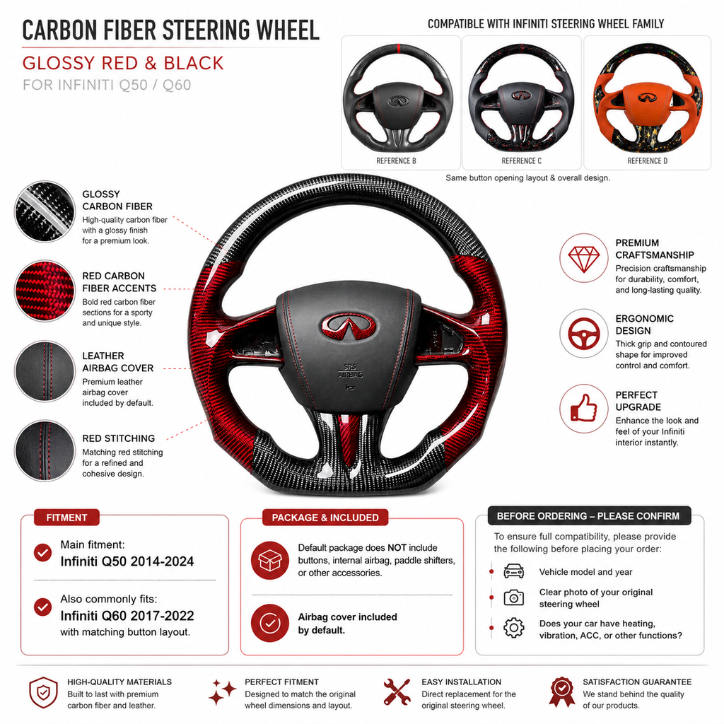Infiniti Q50 Q60 glossy red forged carbon fiber steering wheel with matching airbag cover red stitching and OEM fitment design by CJ Mod Garage
