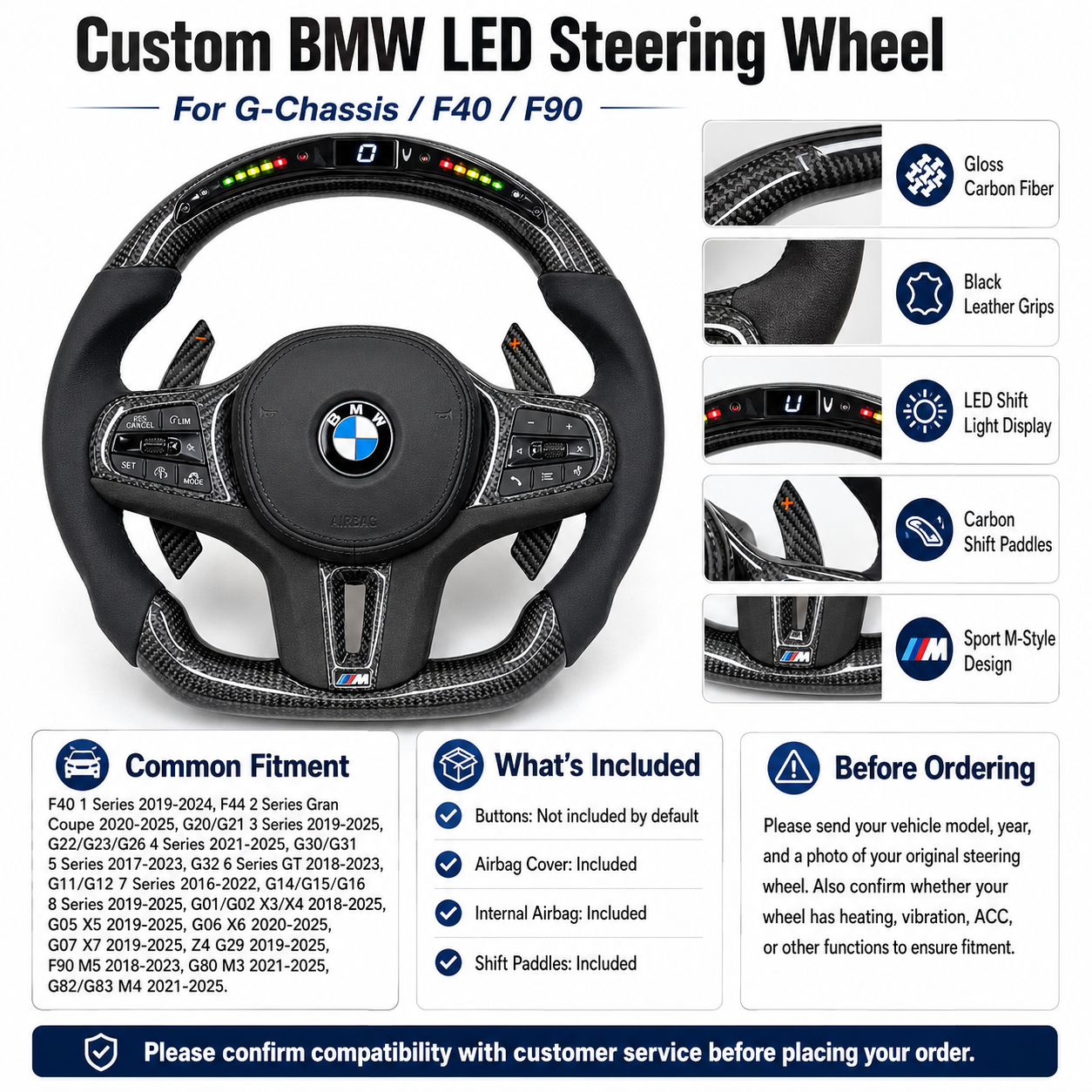 CJ Mod Garage custom BMW LED steering wheel featuring gloss carbon fiber, black leather grips, LED shift light display, carbon paddle shifters, and M-style flat-bottom design compatible with BMW G02 G05 G06 G09 G11 G12 G15 G20 G22 G28 G29 G30 G38 G80 G82 F40 F90