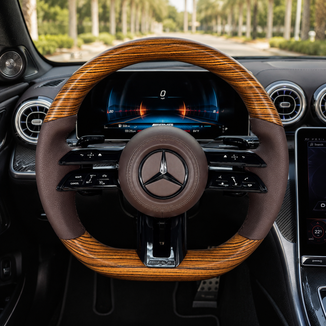 Mercedes W213 E-Class 2016-2023 wood grain Dragonfly steering wheel installed in AMG cabin by CJ Mod Garage