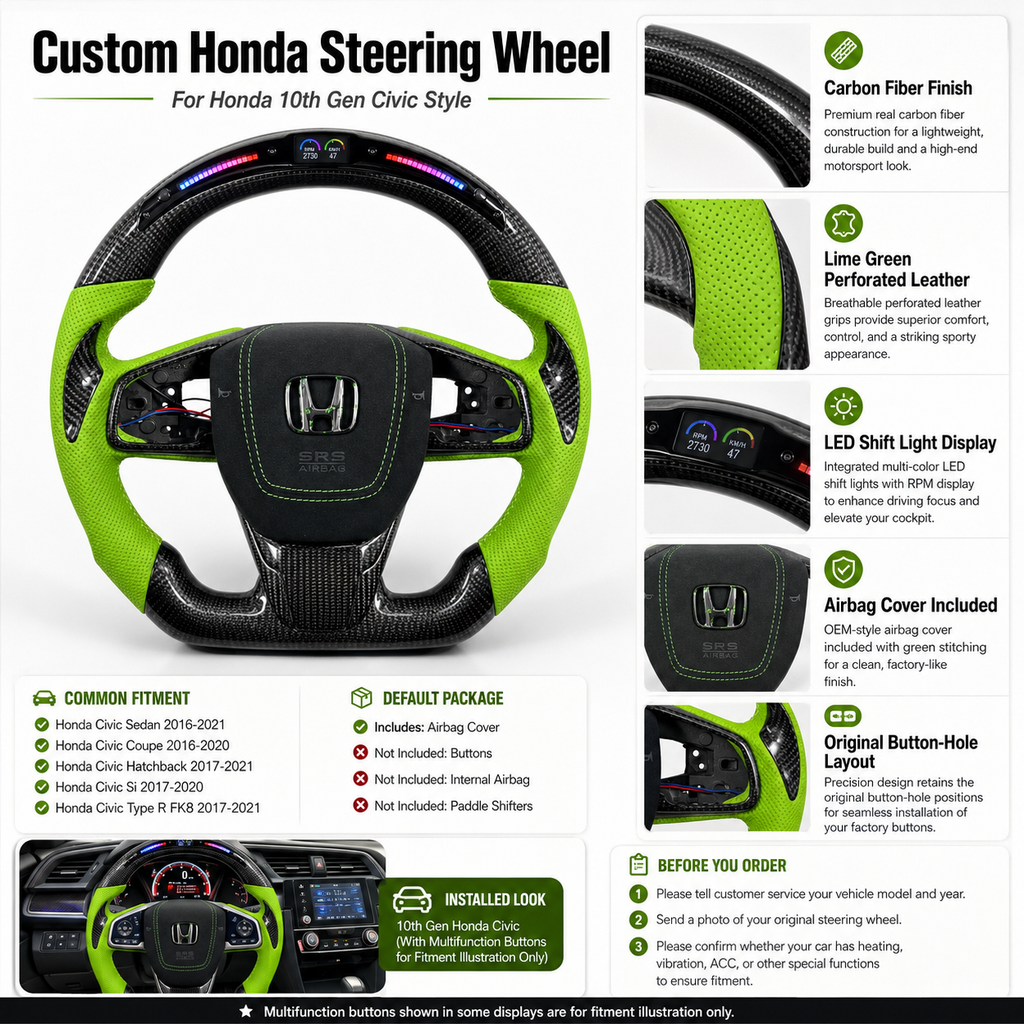 Honda Civic Type R style carbon fiber steering wheel featuring green perforated leather accents LED RPM display and airbag cover by CJ Mod Garage
