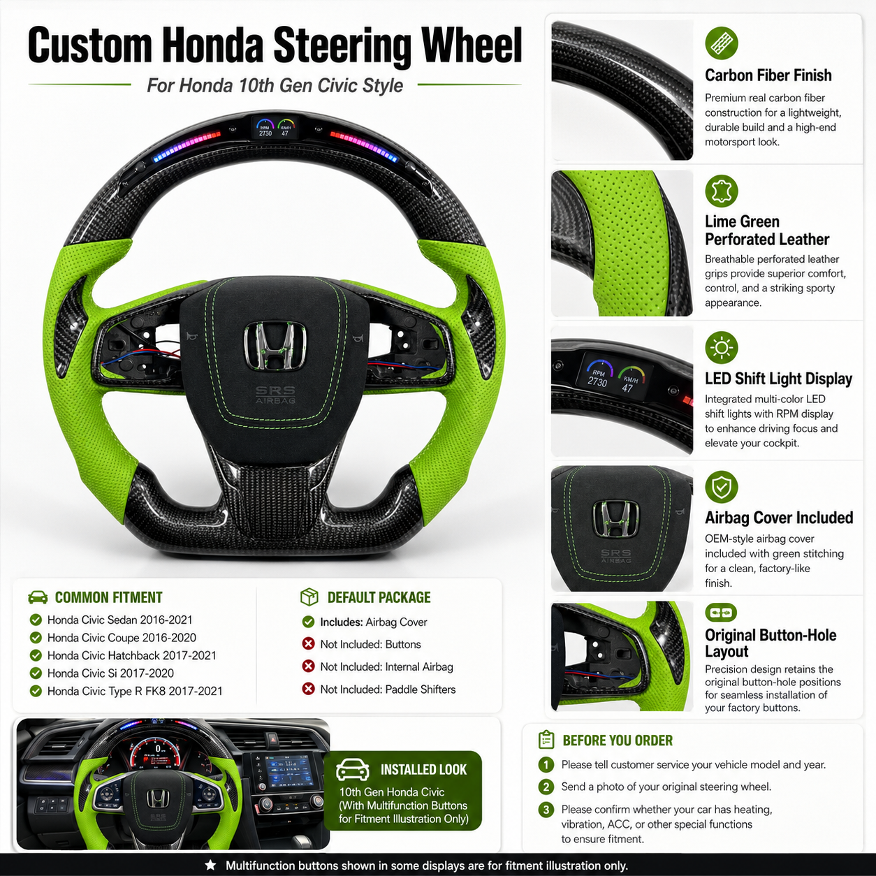 Honda Civic Type R style carbon fiber steering wheel featuring green perforated leather accents LED RPM display and airbag cover by CJ Mod Garage